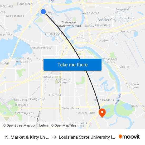 N. Market & Kitty Ln (Inbound) to Louisiana State University in Shreveport map