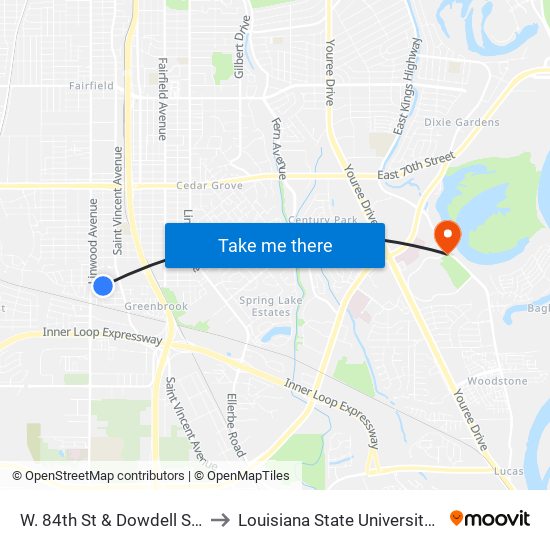 W. 84th St & Dowdell St (Outbound) to Louisiana State University in Shreveport map