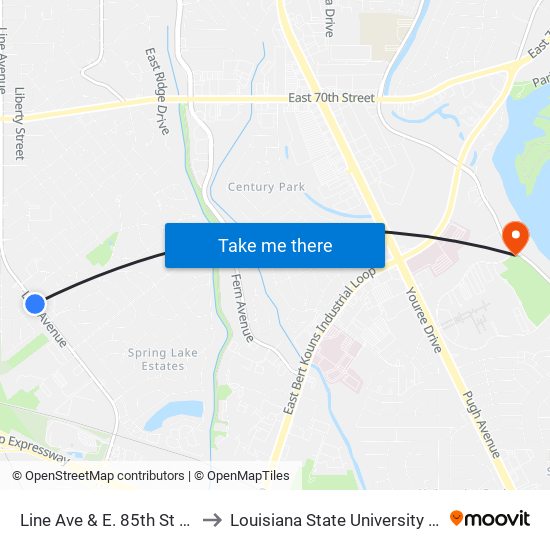 Line Ave & E. 85th St (Outbound) to Louisiana State University in Shreveport map