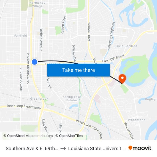 Southern Ave & E. 69th St (Inbound) to Louisiana State University in Shreveport map