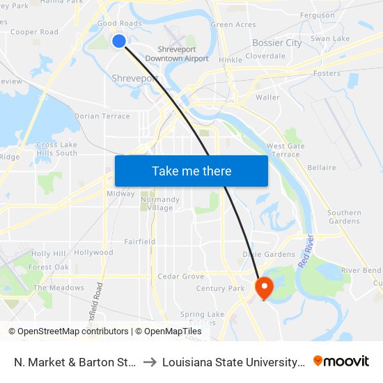 N. Market & Barton St (Outbound) to Louisiana State University in Shreveport map