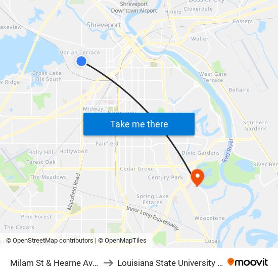 Milam St & Hearne Ave (Inbound) to Louisiana State University in Shreveport map