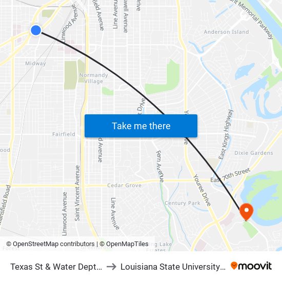 Texas St & Water Dept (Outbound) to Louisiana State University in Shreveport map