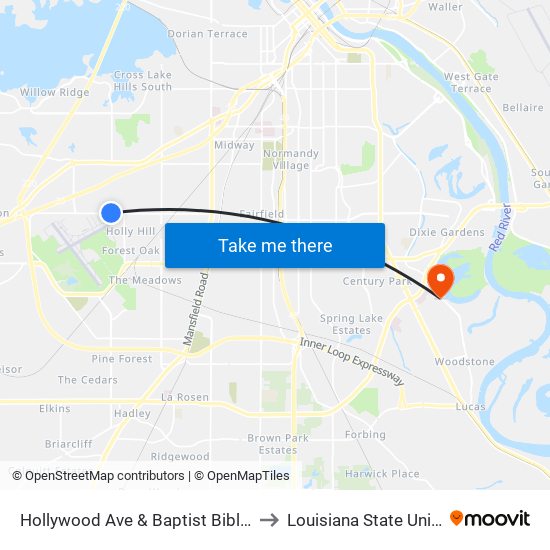 Hollywood Ave & Baptist Bible Church / Library (Outbound) to Louisiana State University in Shreveport map