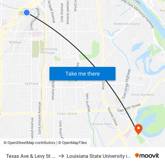 Texas Ave & Levy St (Inbound) to Louisiana State University in Shreveport map