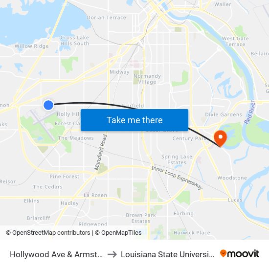 Hollywood Ave & Armstrong (Inbound) to Louisiana State University in Shreveport map