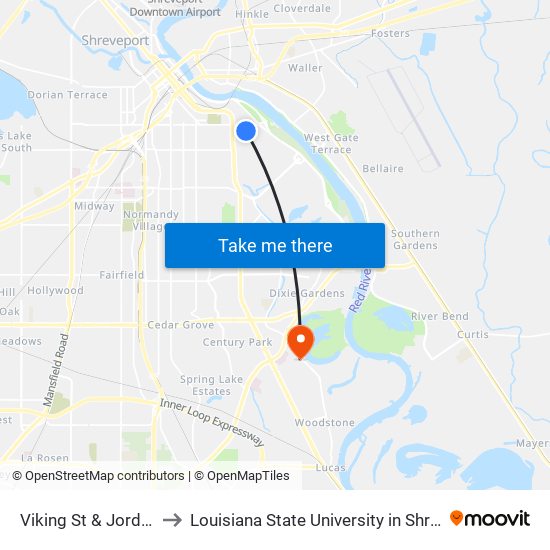 Viking St & Jordan St to Louisiana State University in Shreveport map