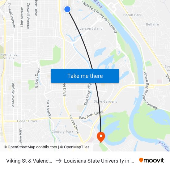 Viking St & Valencia Pack to Louisiana State University in Shreveport map