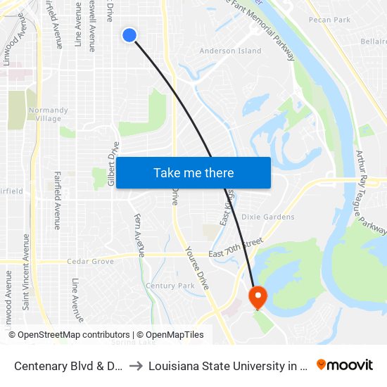 Centenary Blvd & Dalzell St to Louisiana State University in Shreveport map