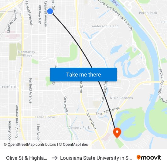 Olive St & Highland Ave to Louisiana State University in Shreveport map