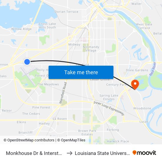 Monkhouse Dr & Interstate Dr (Outbound) to Louisiana State University in Shreveport map