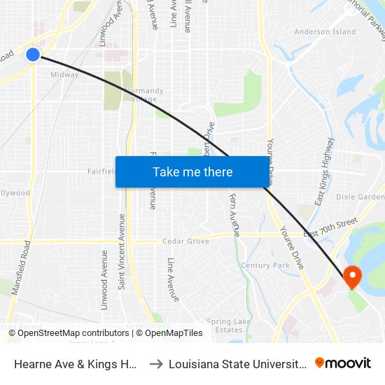 Hearne Ave & Kings Hwy (Outbound) to Louisiana State University in Shreveport map