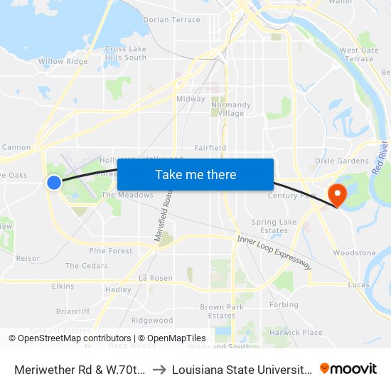 Meriwether Rd & W.70th St (Inbound) to Louisiana State University in Shreveport map