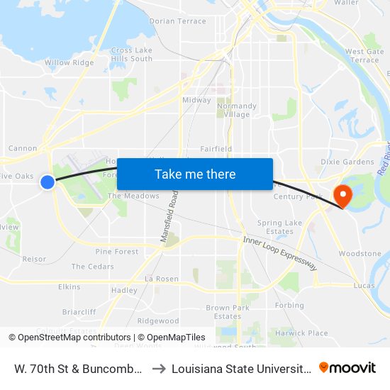 W. 70th St & Buncombe Rd (Inbound) to Louisiana State University in Shreveport map