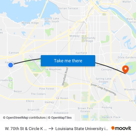 W. 70th St & Circle K (Inbound) to Louisiana State University in Shreveport map