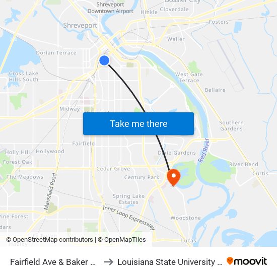 Fairfield Ave & Baker St (Inbound) to Louisiana State University in Shreveport map