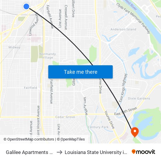 Galilee Apartments (Inbound) to Louisiana State University in Shreveport map