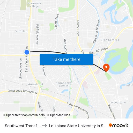 Southwest Transfer Hub to Louisiana State University in Shreveport map