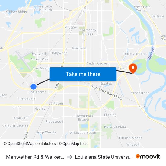 Meriwether Rd & Walker Rd (Outbound) to Louisiana State University in Shreveport map