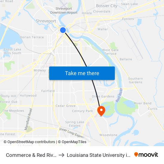 Commerce & Red River District to Louisiana State University in Shreveport map