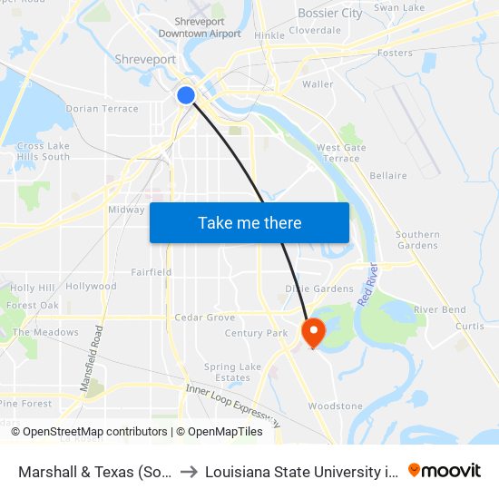 Marshall & Texas (Southbound) to Louisiana State University in Shreveport map