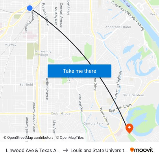Linwood Ave & Texas Ave (Outbound) to Louisiana State University in Shreveport map