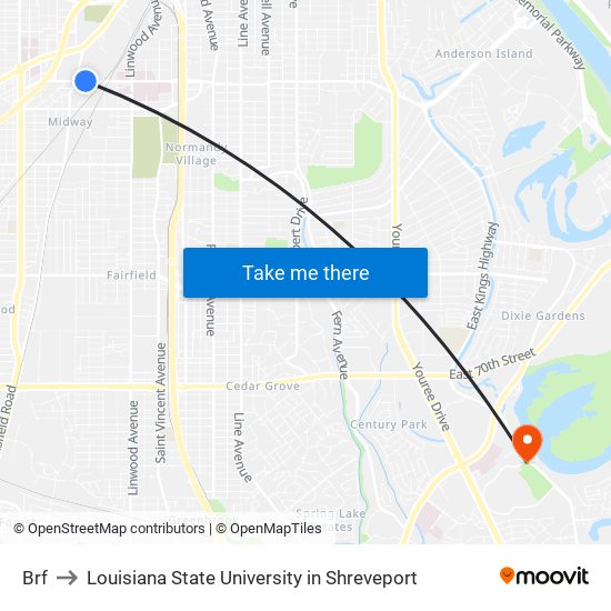 Brf to Louisiana State University in Shreveport map