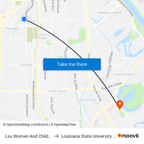 Lsu Women And Children's Center to Louisiana State University in Shreveport map