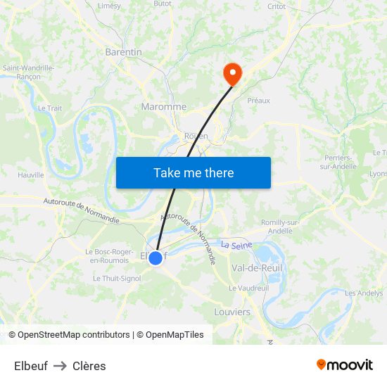 Elbeuf to Clères map