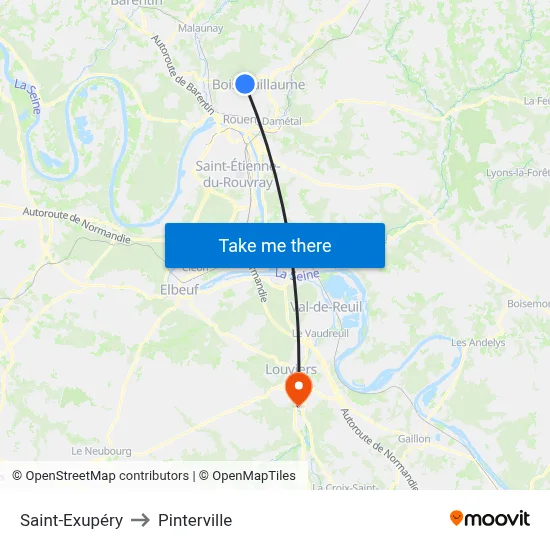 Saint-Exupéry to Pinterville map
