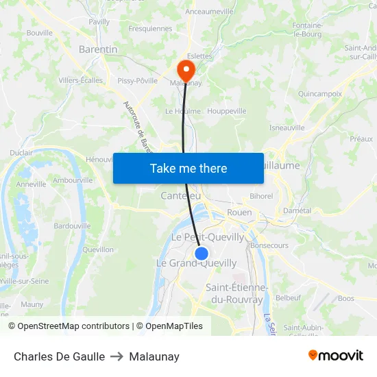 Charles De Gaulle to Malaunay map