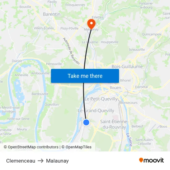 Clemenceau to Malaunay map