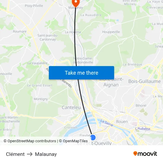 Clément to Malaunay map