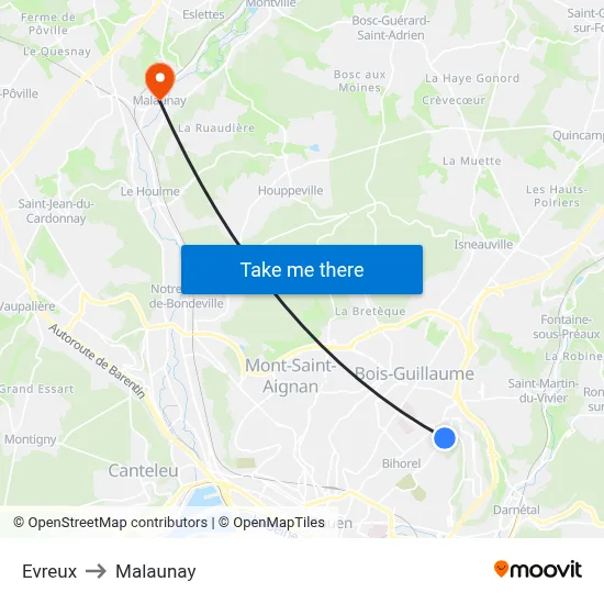 Evreux to Malaunay map