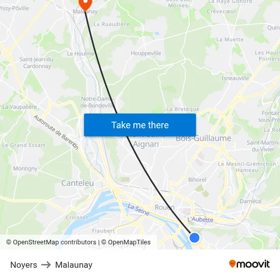 Noyers to Malaunay map