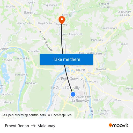 Ernest Renan to Malaunay map