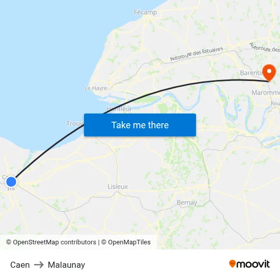 Caen to Malaunay map
