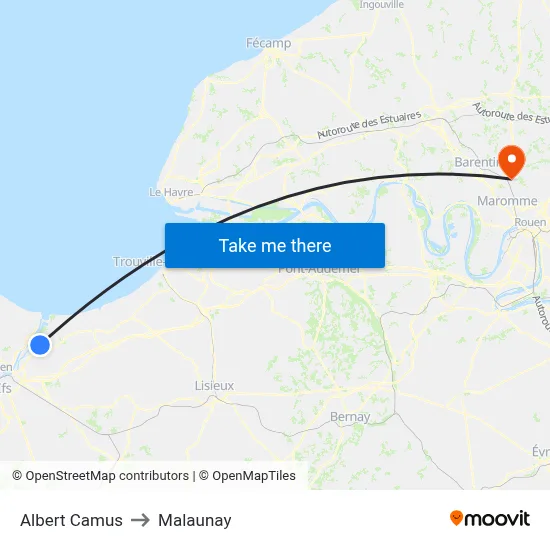 Albert Camus to Malaunay map