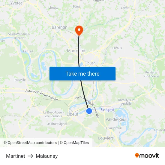 Martinet to Malaunay map