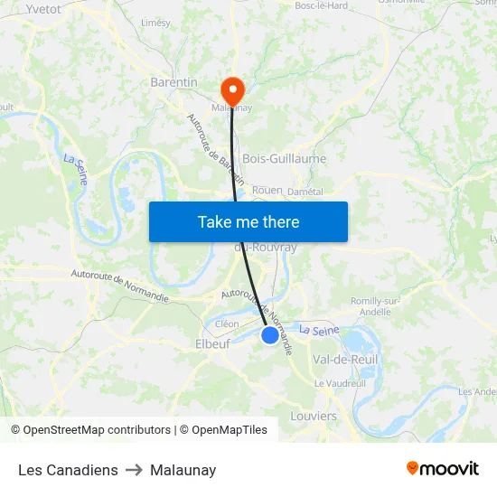 Les Canadiens to Malaunay map