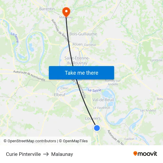Curie Pinterville to Malaunay map