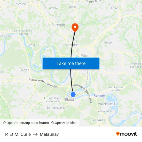 P. Et M. Curie to Malaunay map