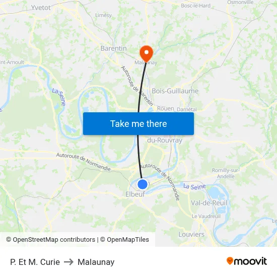 P. Et M. Curie to Malaunay map