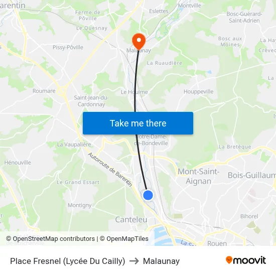 Place Fresnel (Lycée Du Cailly) to Malaunay map