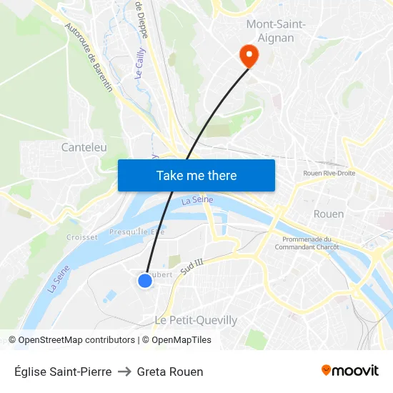 Église Saint-Pierre to Greta Rouen map