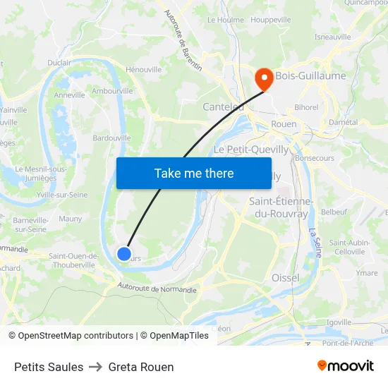 Petits Saules to Greta Rouen map