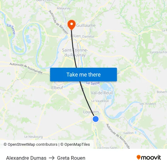 Alexandre Dumas to Greta Rouen map