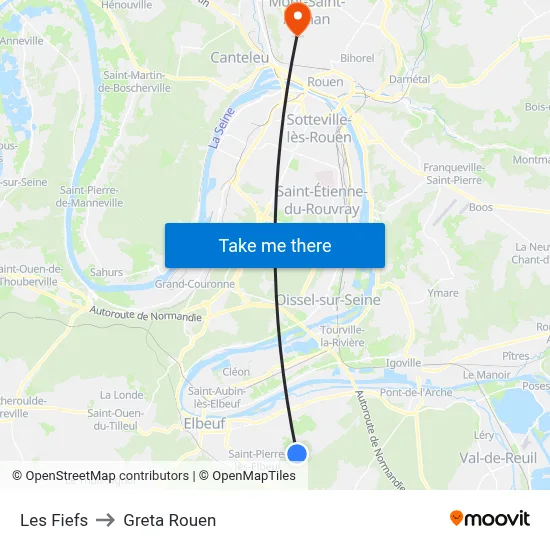 Les Fiefs to Greta Rouen map