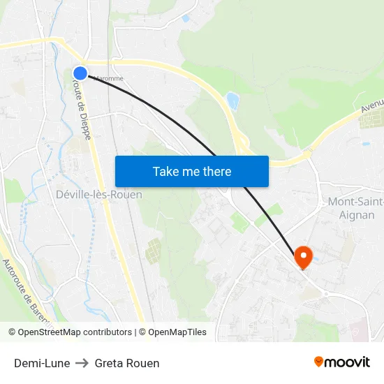 Demi-Lune to Greta Rouen map