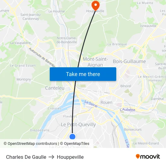 Charles De Gaulle to Houppeville map
